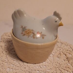 Vintage Takahashi Floral Ceramic Hen On Nest Basket